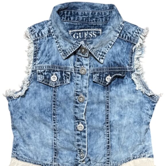 Guess Girls Size 8 Denim Chiffon Sleeveless Dress With Tie Waist & Frayed Edges - Picture 3 of 9